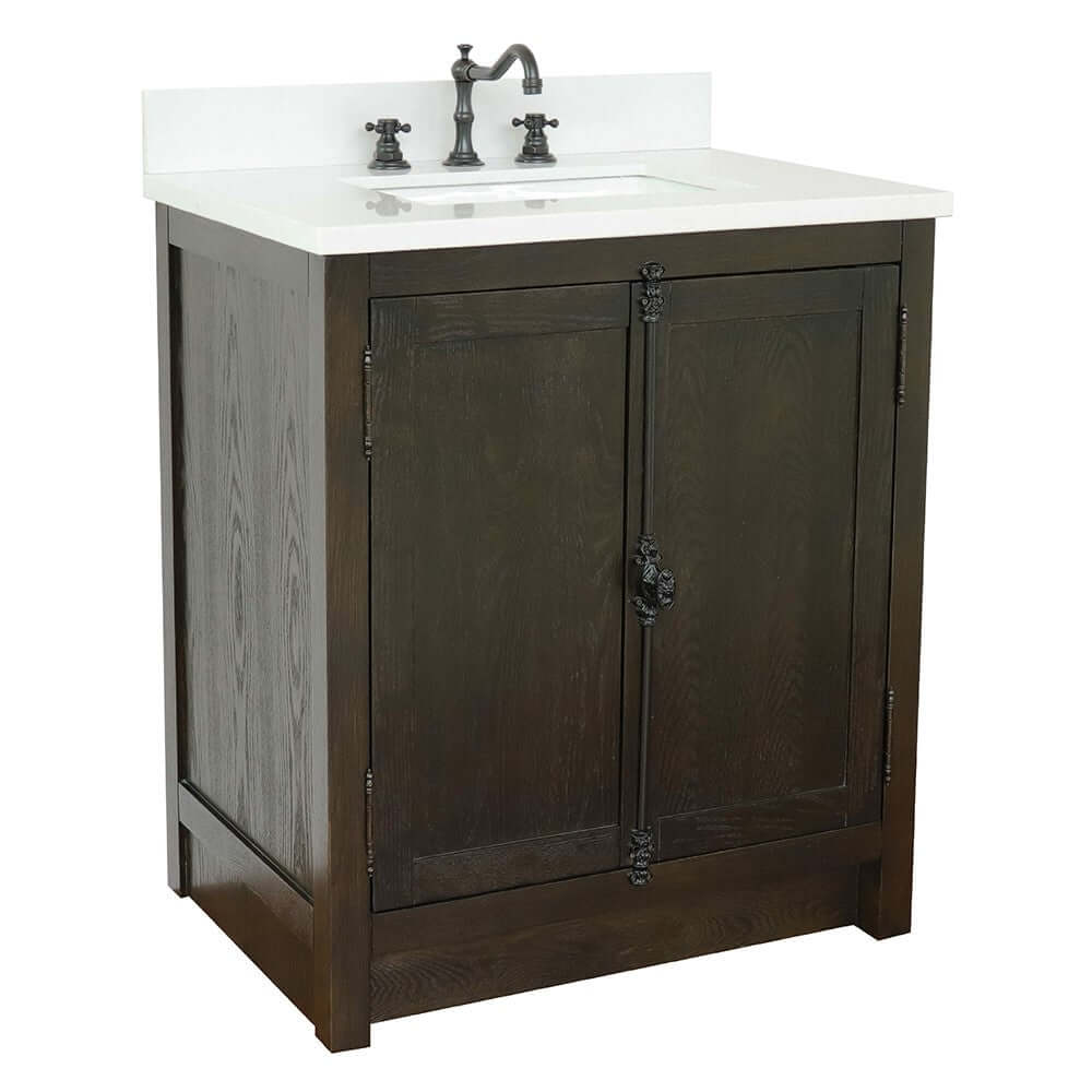 31" Single vanity in Brown Ash finish with White quartz top and rectangle sink - 400100-BA-WER