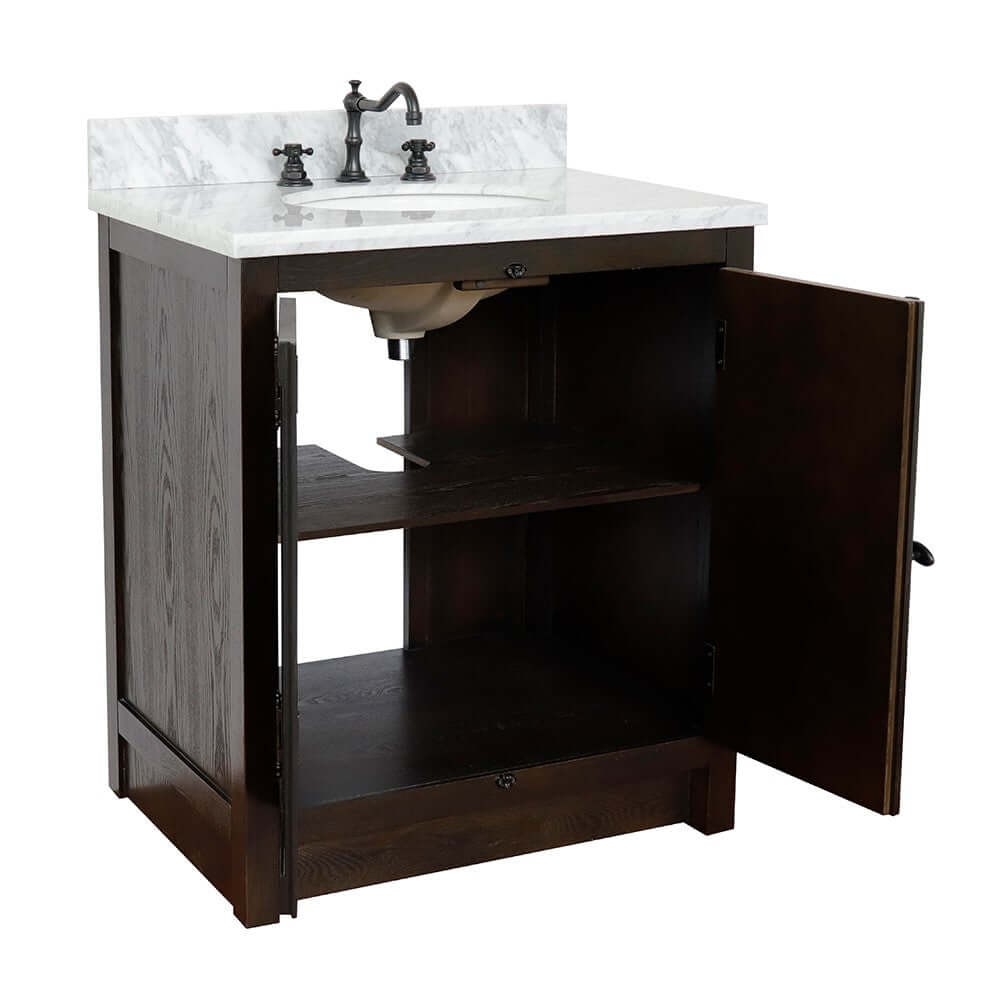 31" Single vanity in Brown Ash finish with White Carrara top and oval sink - 400100-BA-WMO