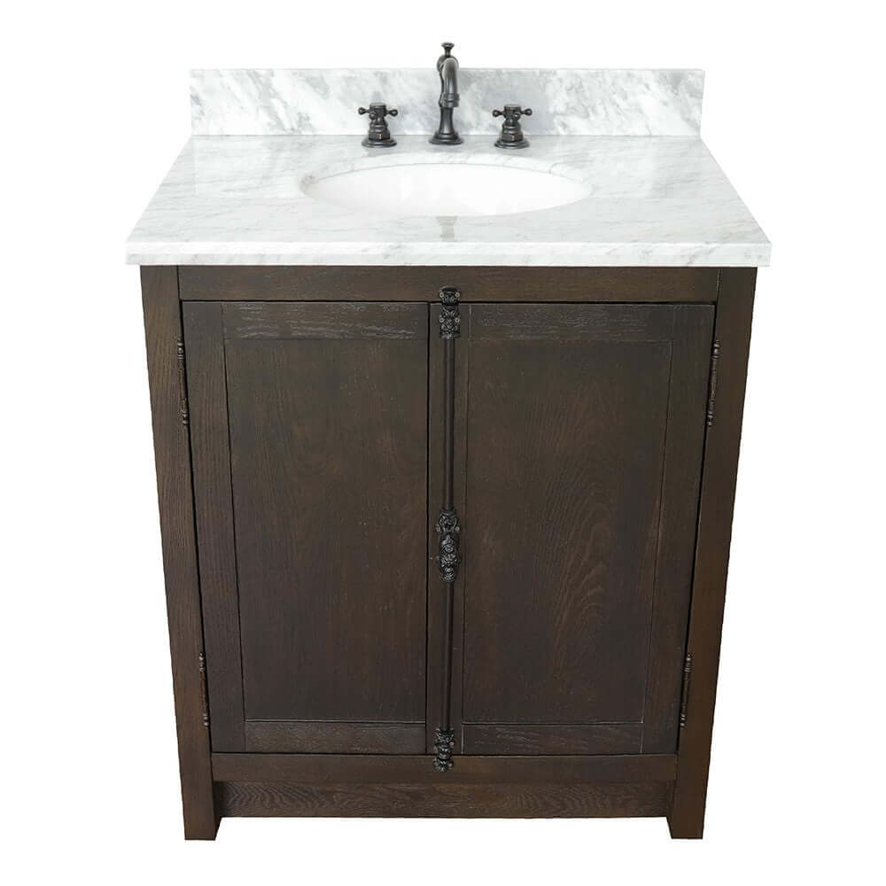 31" Single vanity in Brown Ash finish with White Carrara top and oval sink - 400100-BA-WMO