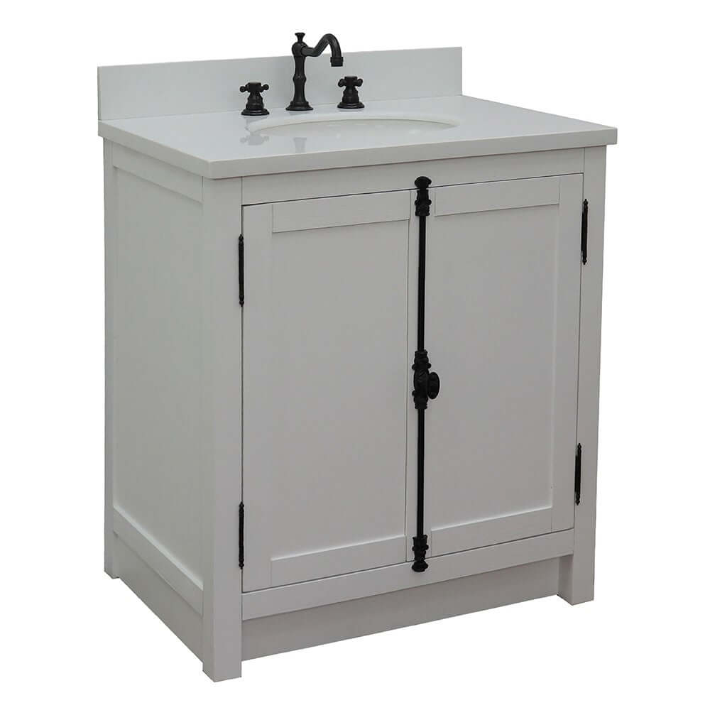 31" Single vanity in Glacier Ash finish with White Quartz top and oval sink - 400100-GA-WEO