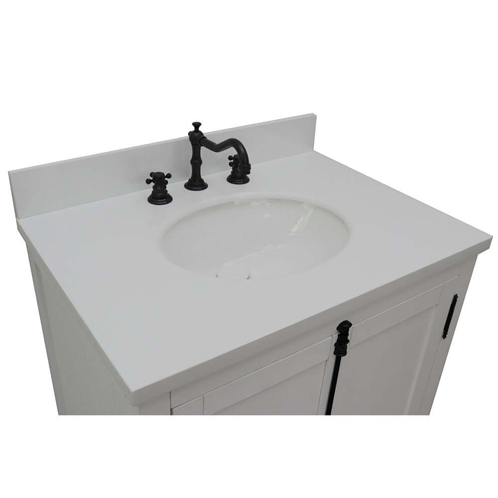 31" Single vanity in Glacier Ash finish with White Quartz top and oval sink - 400100-GA-WEO