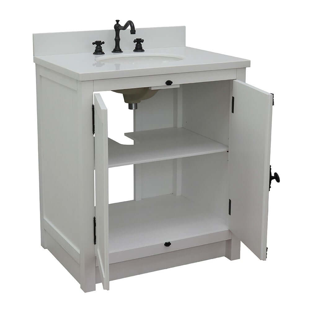 31" Single vanity in Glacier Ash finish with White Quartz top and oval sink - 400100-GA-WEO