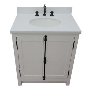 31" Single vanity in Glacier Ash finish with White Quartz top and oval sink - 400100-GA-WEO