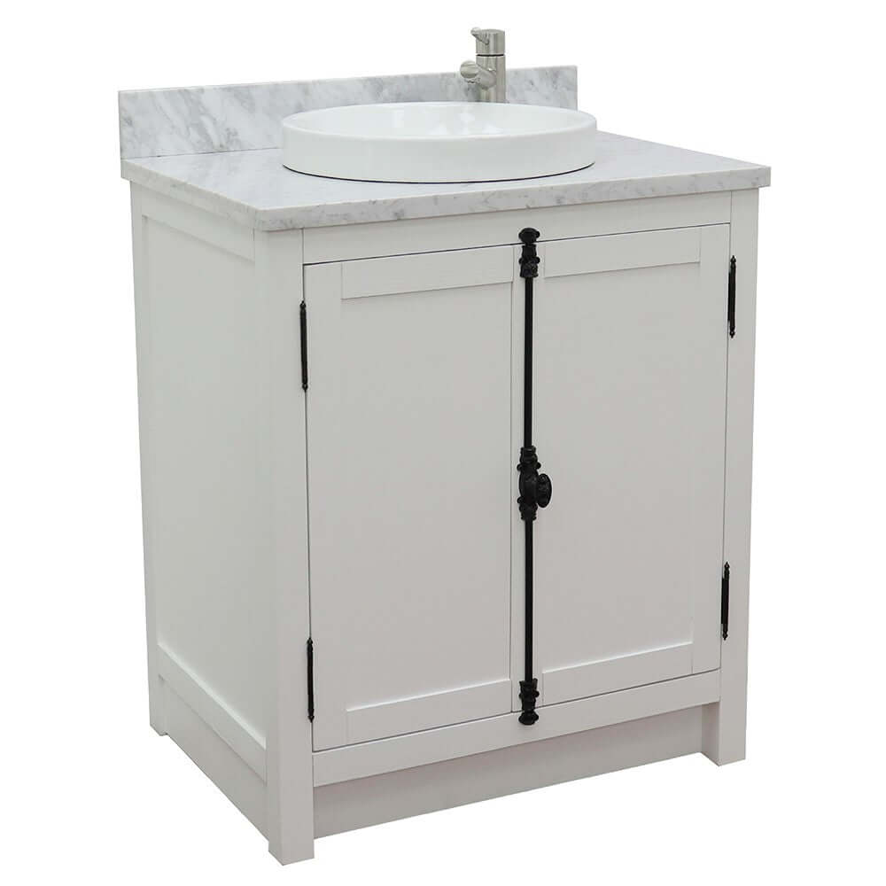 31" Single vanity in Glacier Ash finish with White Carrara top and round sink - 400100-GA-WMRD