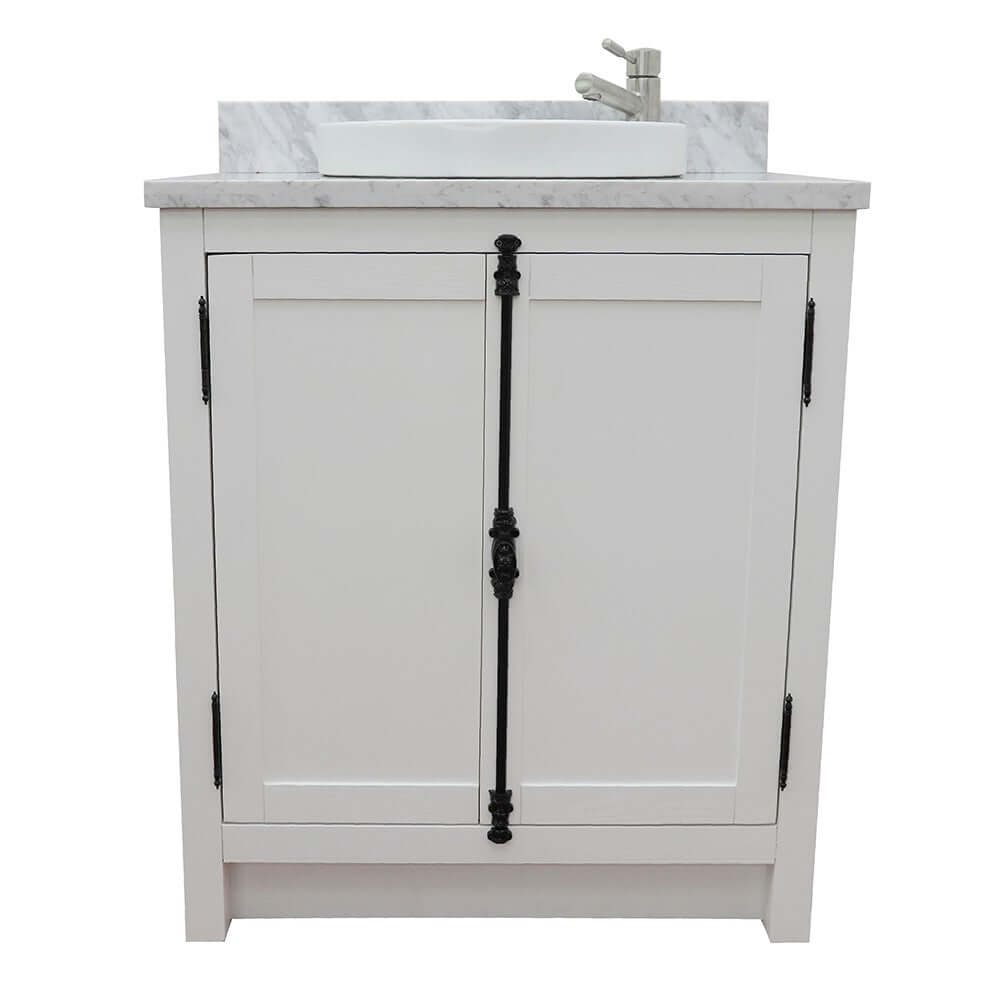 31" Single vanity in Glacier Ash finish with White Carrara top and round sink - 400100-GA-WMRD