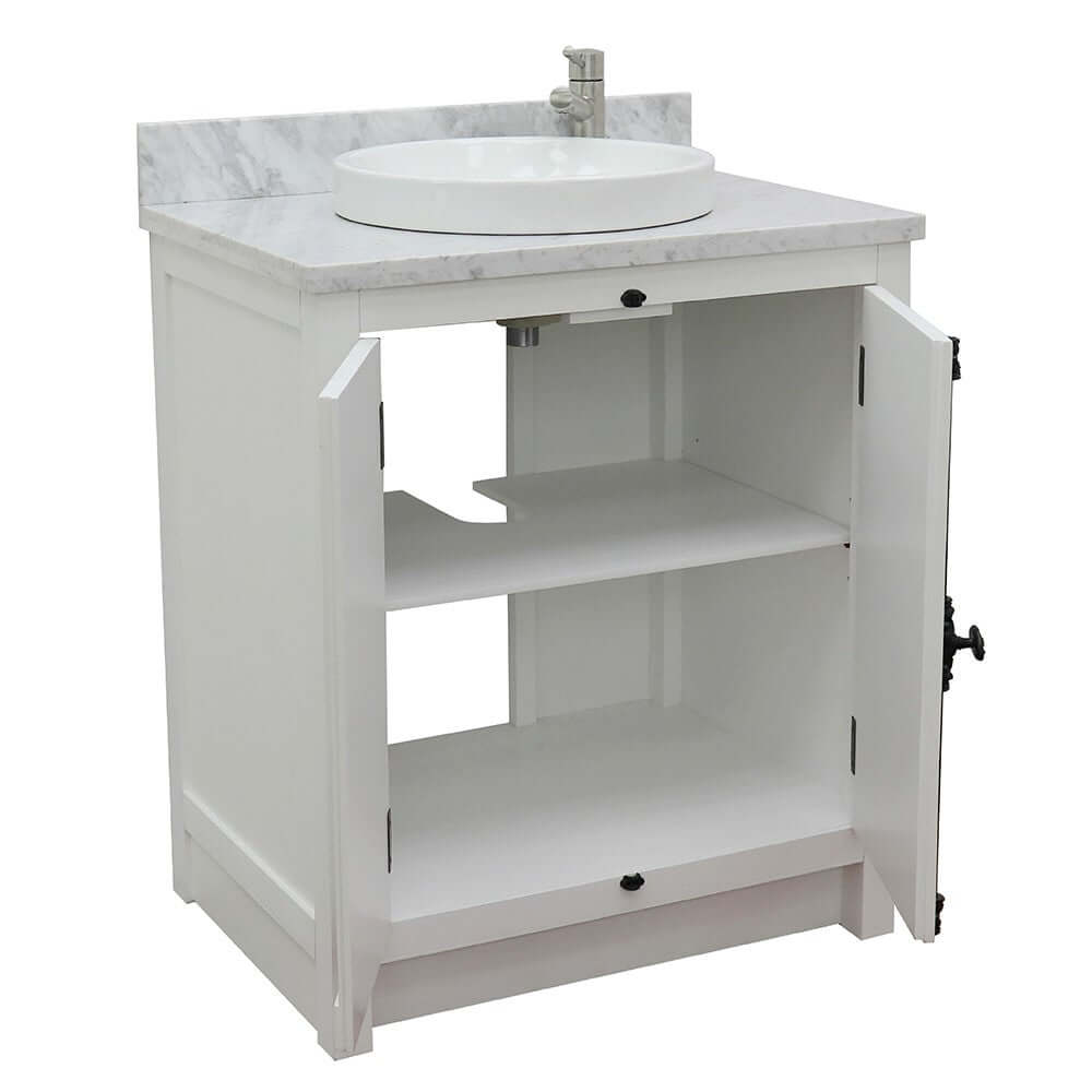 31" Single vanity in Glacier Ash finish with White Carrara top and round sink - 400100-GA-WMRD