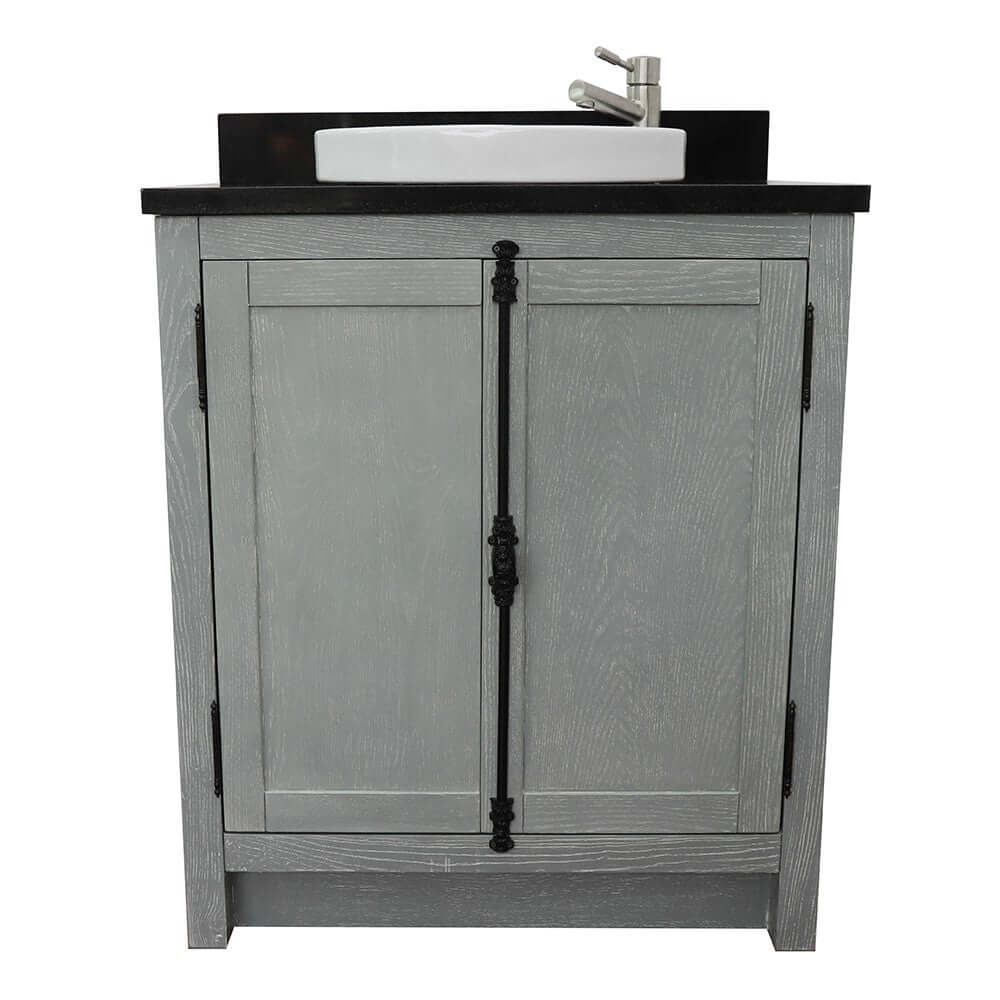 31" Single vanity in Gray Ash finish with Black Galaxy top and round sink - 400100-GYA-BGRD