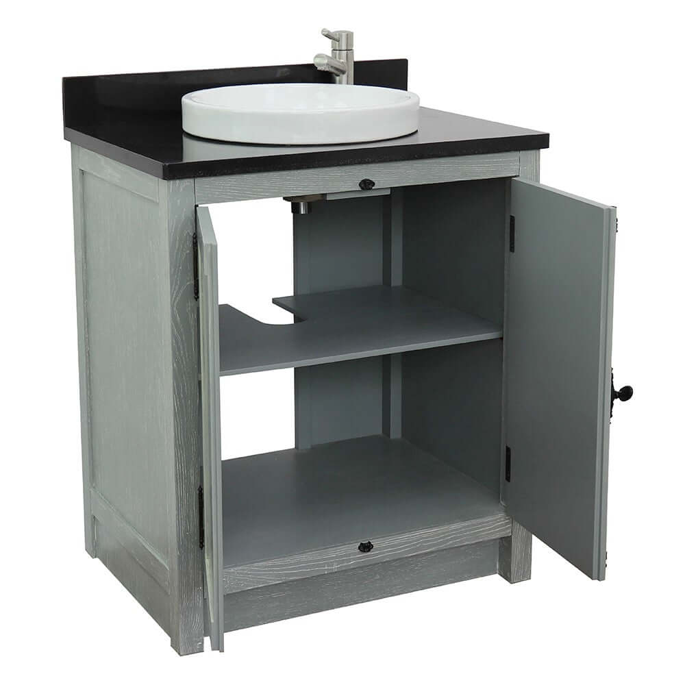 31" Single vanity in Gray Ash finish with Black Galaxy top and round sink - 400100-GYA-BGRD