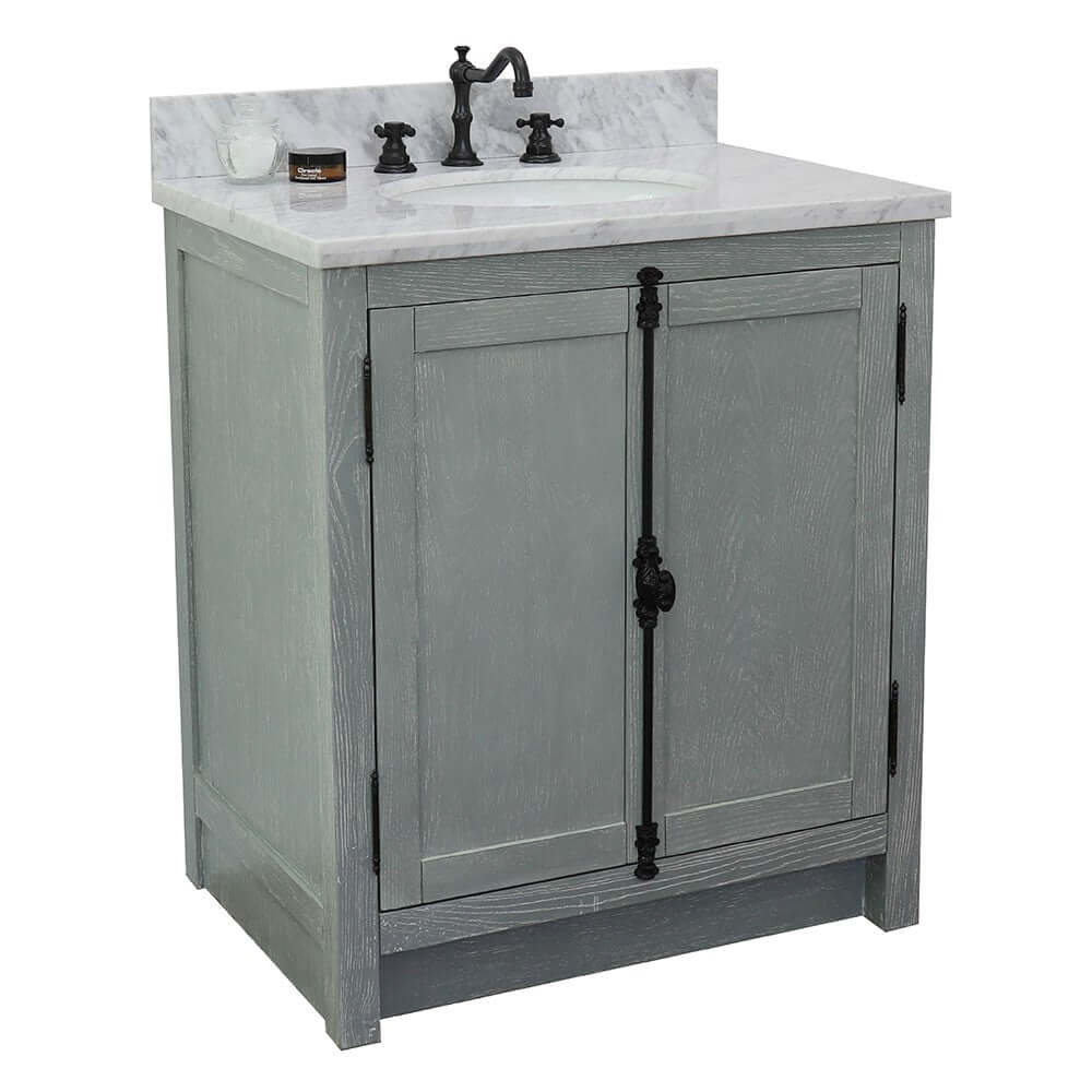 31" Single vanity in Gray Ash finish with White Carrara top and oval sink - 400100-GYA-WMO