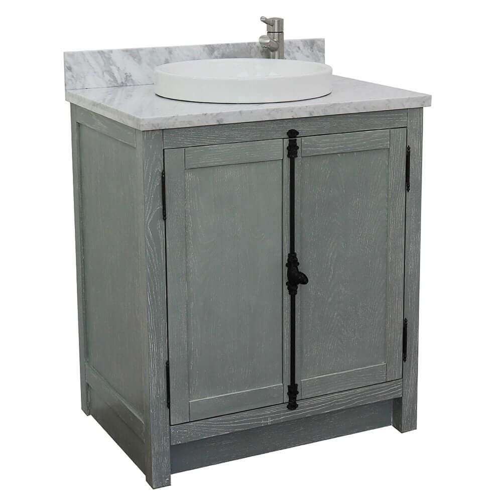 31" Single vanity in Gray Ash finish with White Carrara top and round sink - 400100-GYA-WMRD