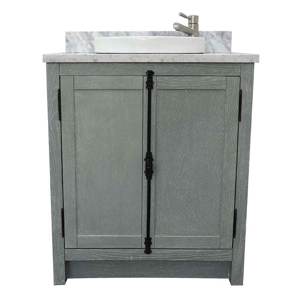 31" Single vanity in Gray Ash finish with White Carrara top and round sink - 400100-GYA-WMRD