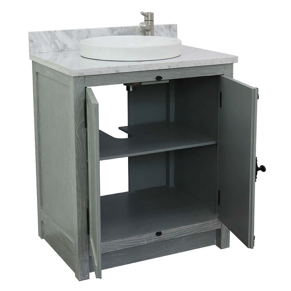 31" Single vanity in Gray Ash finish with White Carrara top and round sink - 400100-GYA-WMRD