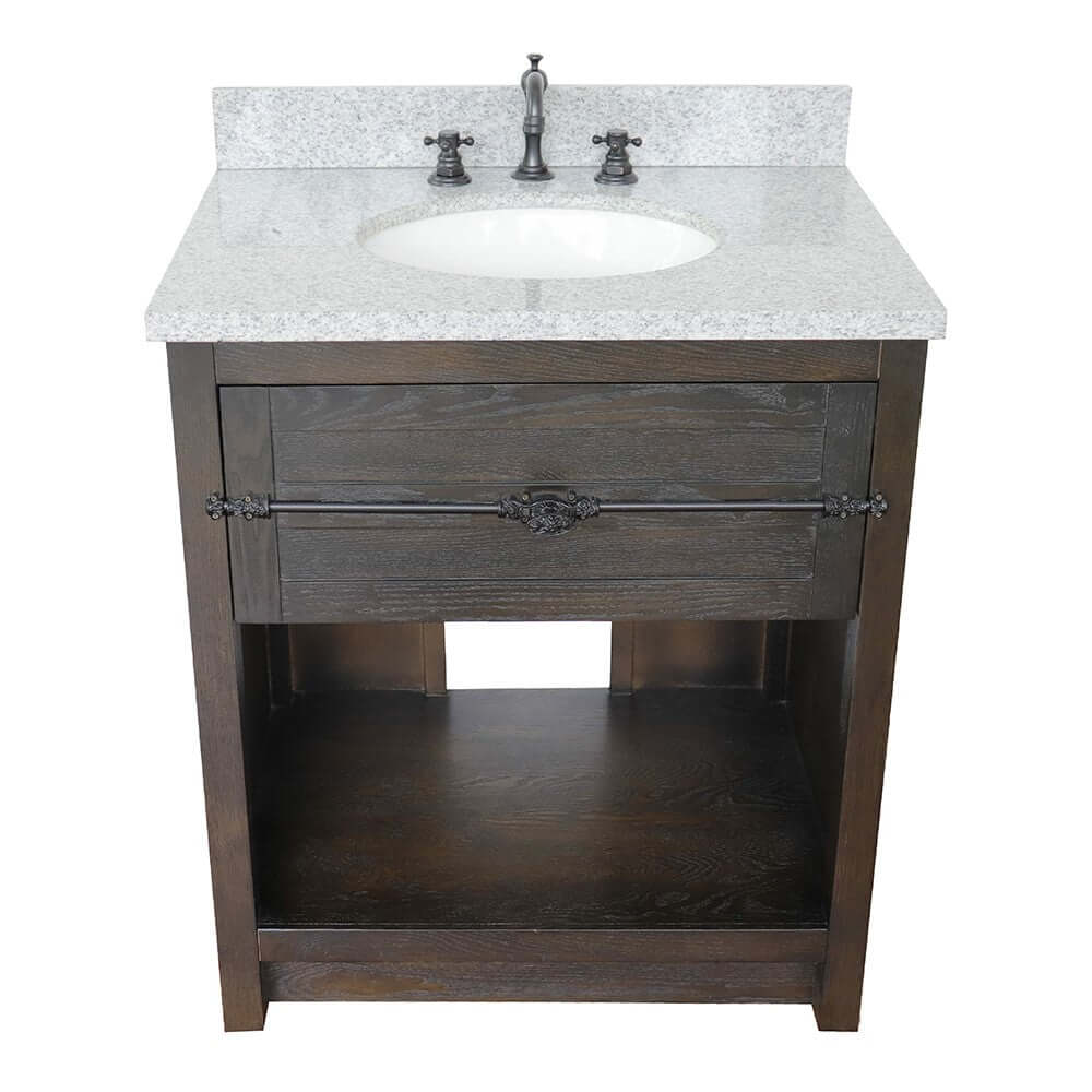 31" Single vanity in Brown Ash finish with Gray granite top and oval sink - 400101-BA-GYO