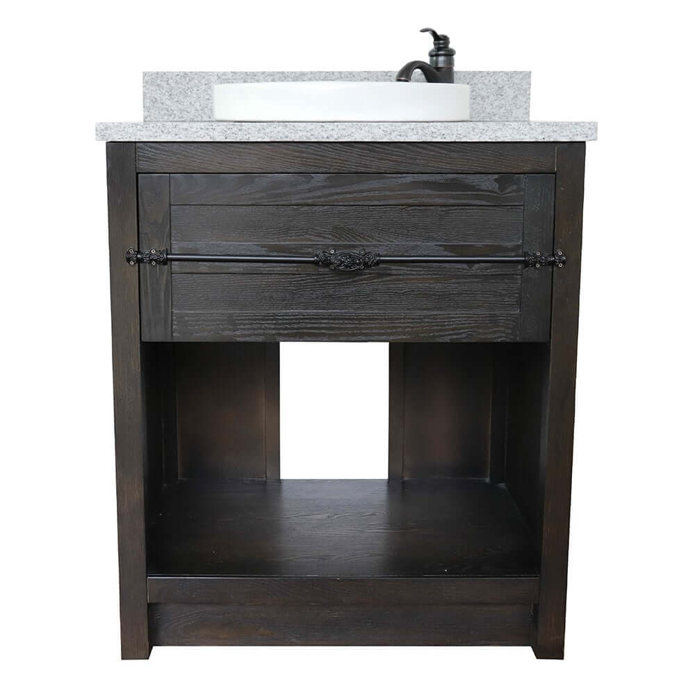 31" Single vanity in Brown Ash finish with Gray granite top and round sink - 400101-BA-GYRD