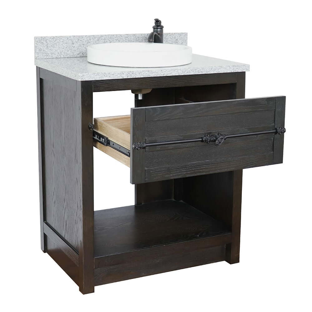 31" Single vanity in Brown Ash finish with Gray granite top and round sink - 400101-BA-GYRD