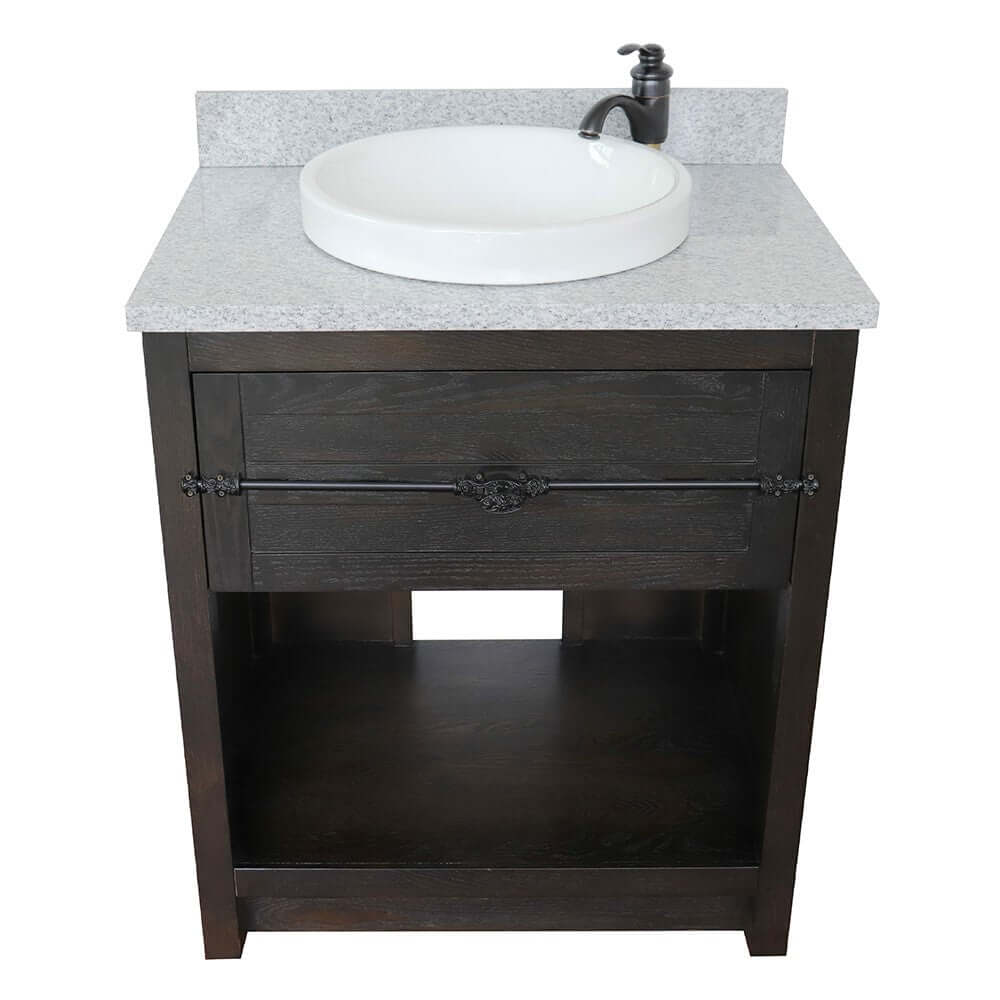 31" Single vanity in Brown Ash finish with Gray granite top and round sink - 400101-BA-GYRD