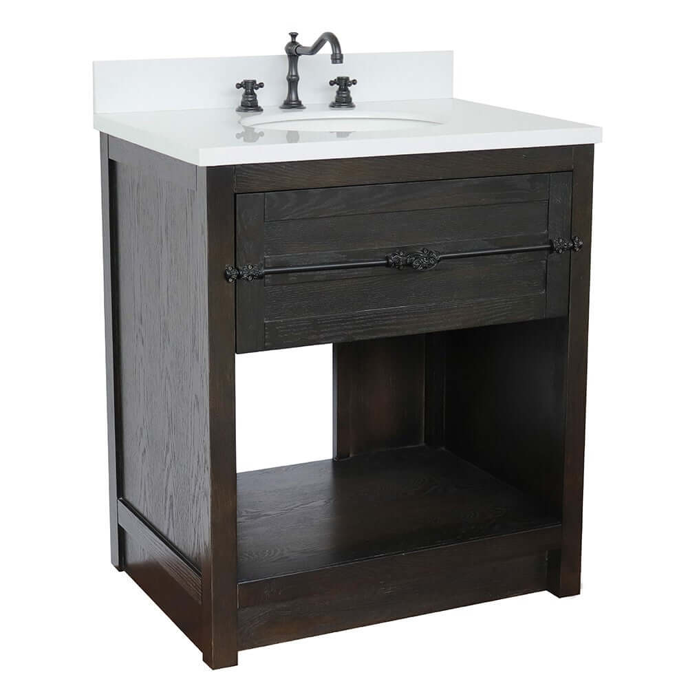 31" Single vanity in Brown Ash finish with White Quartz top and oval sink - 400101-BA-WEO