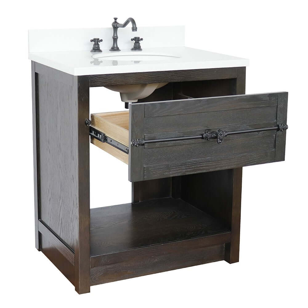 31" Single vanity in Brown Ash finish with White Quartz top and oval sink - 400101-BA-WEO