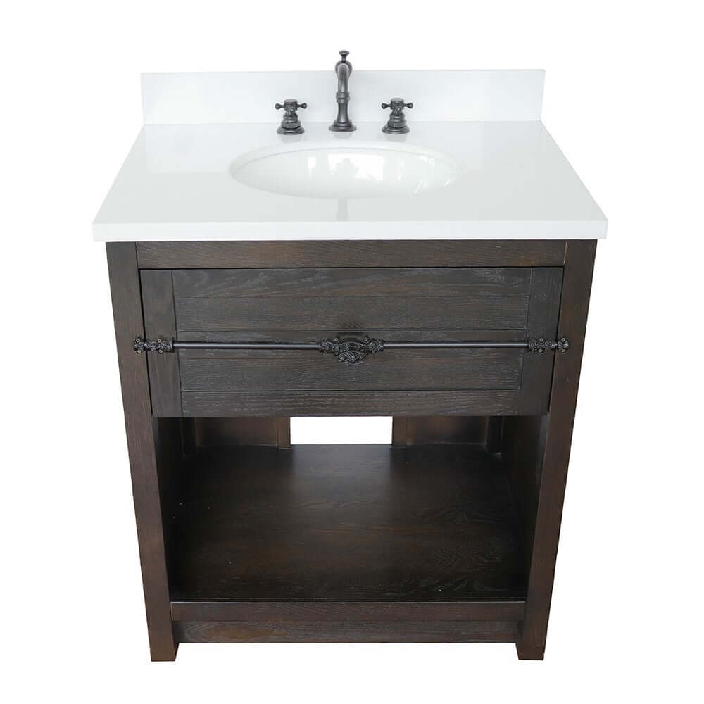 31" Single vanity in Brown Ash finish with White Quartz top and oval sink - 400101-BA-WEO