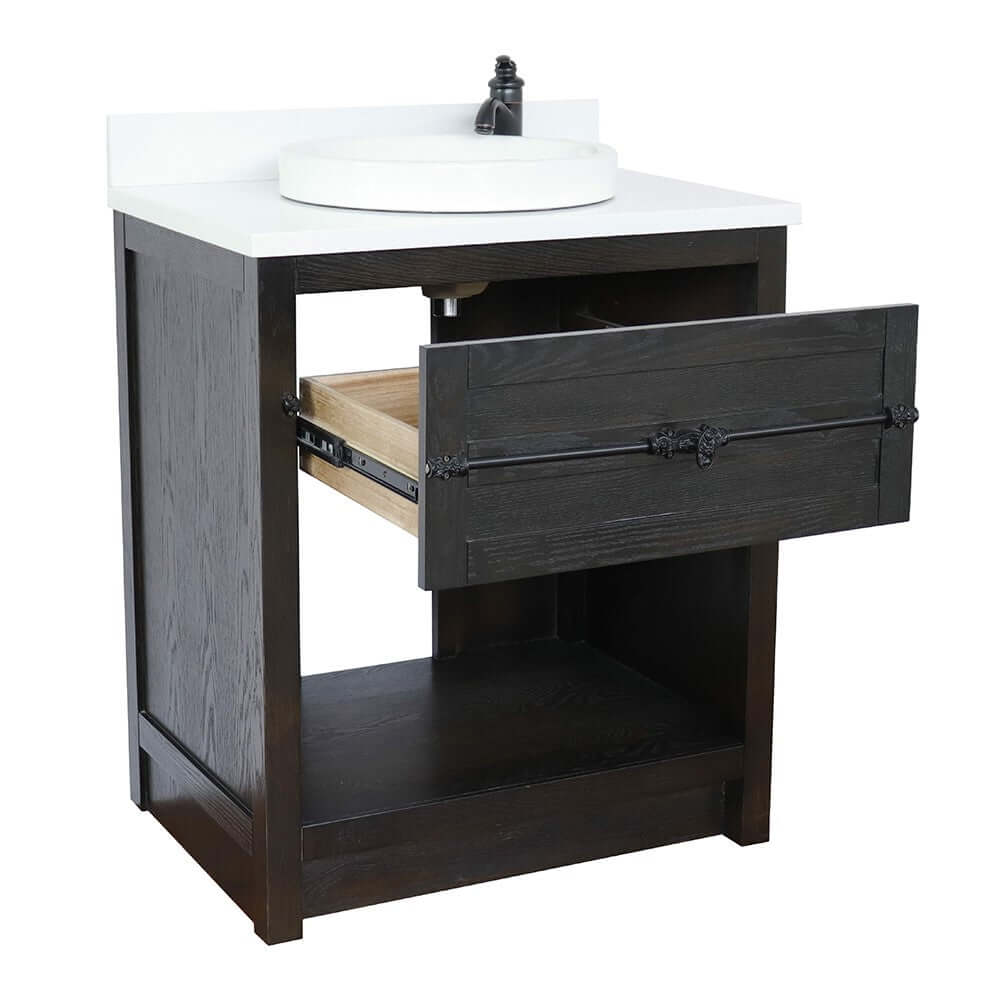 31" Single vanity in Brown Ash finish with White Quartz top and round sink - 400101-BA-WERD