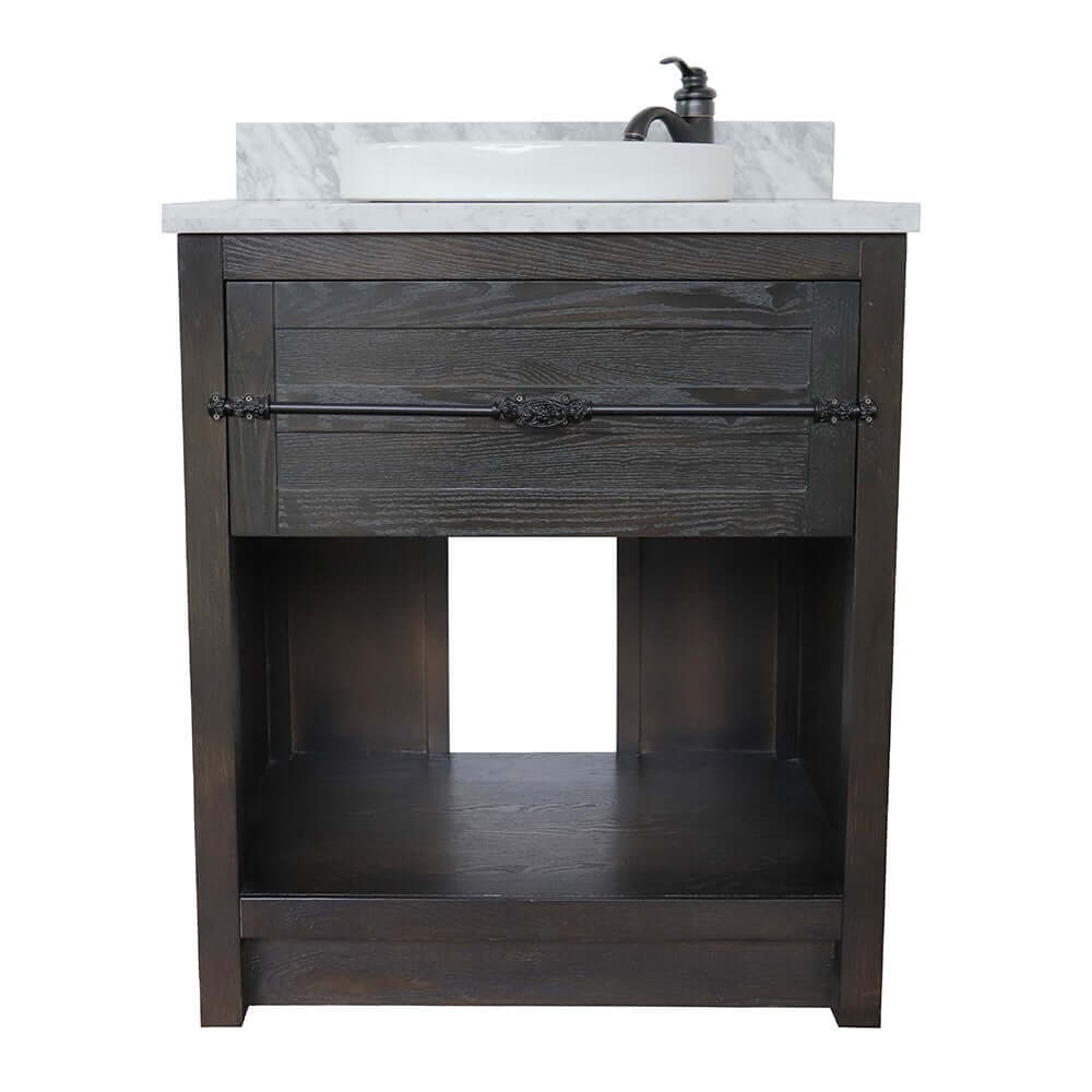 31" Single vanity in Brown Ash finish with White Carrara top and round sink - 400101-BA-WMRD