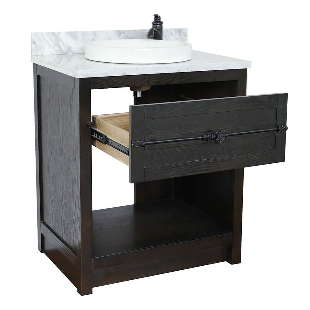 31" Single vanity in Brown Ash finish with White Carrara top and round sink - 400101-BA-WMRD