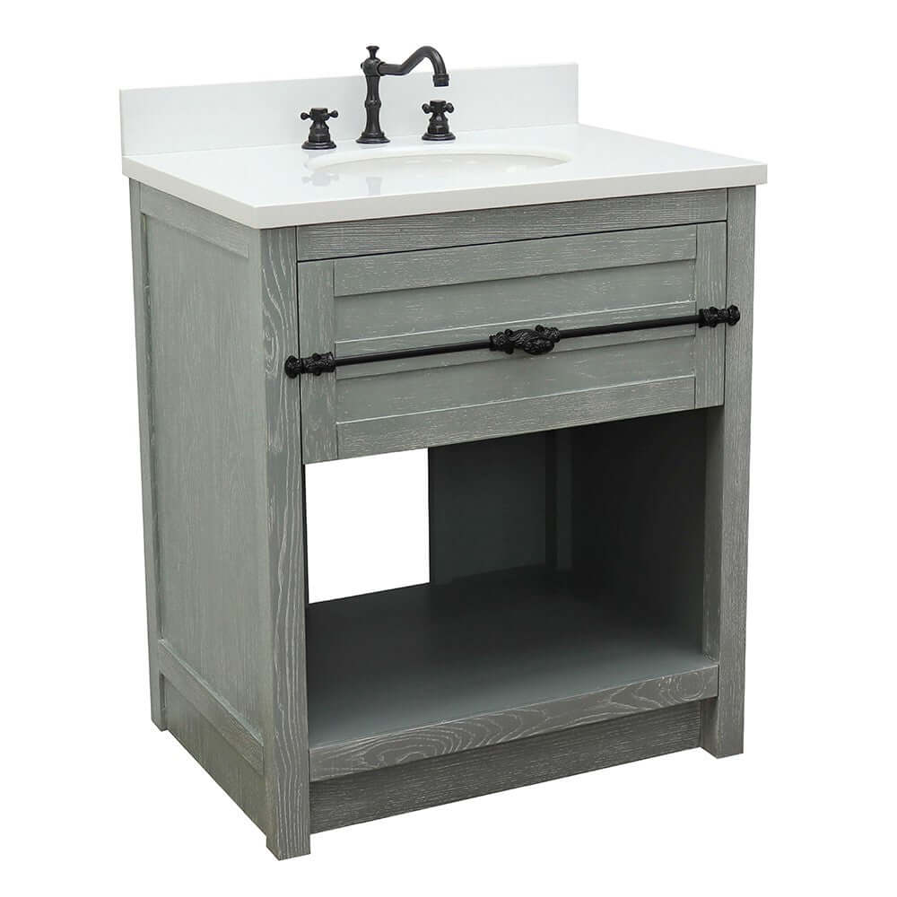 31" Single vanity in Gray Ash finish with White Quartz top and oval sink - 400101-GYA-WEO