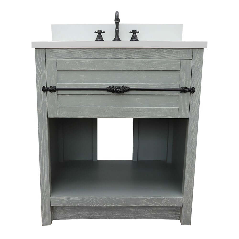 31" Single vanity in Gray Ash finish with White Quartz top and oval sink - 400101-GYA-WEO