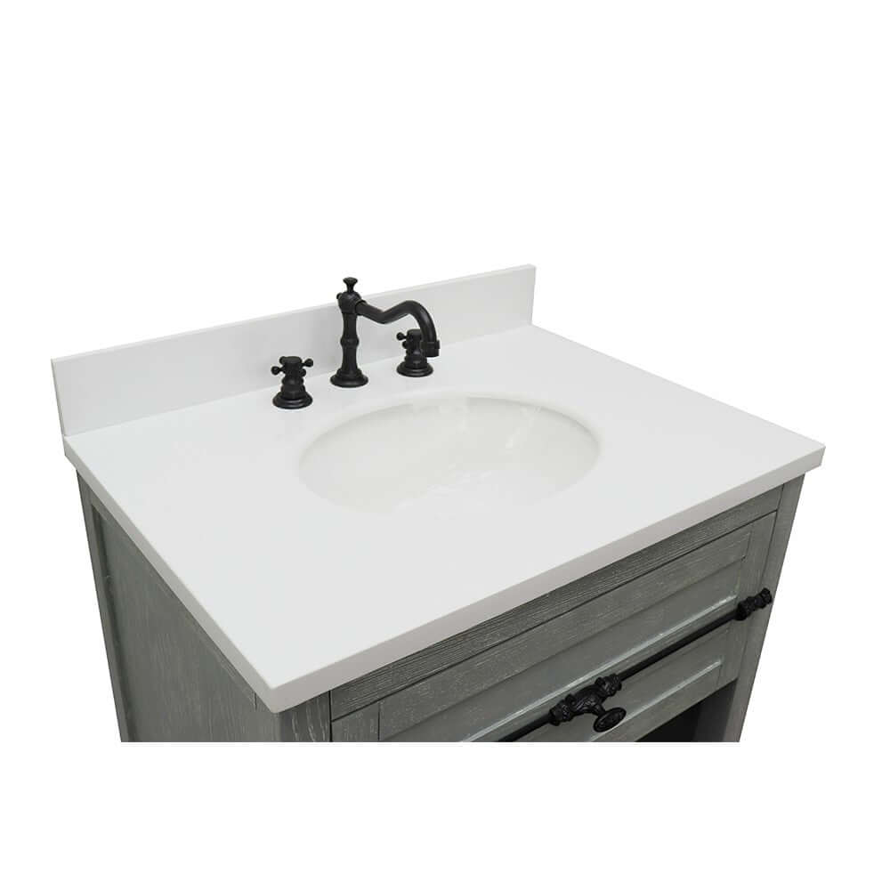 31" Single vanity in Gray Ash finish with White Quartz top and oval sink - 400101-GYA-WEO