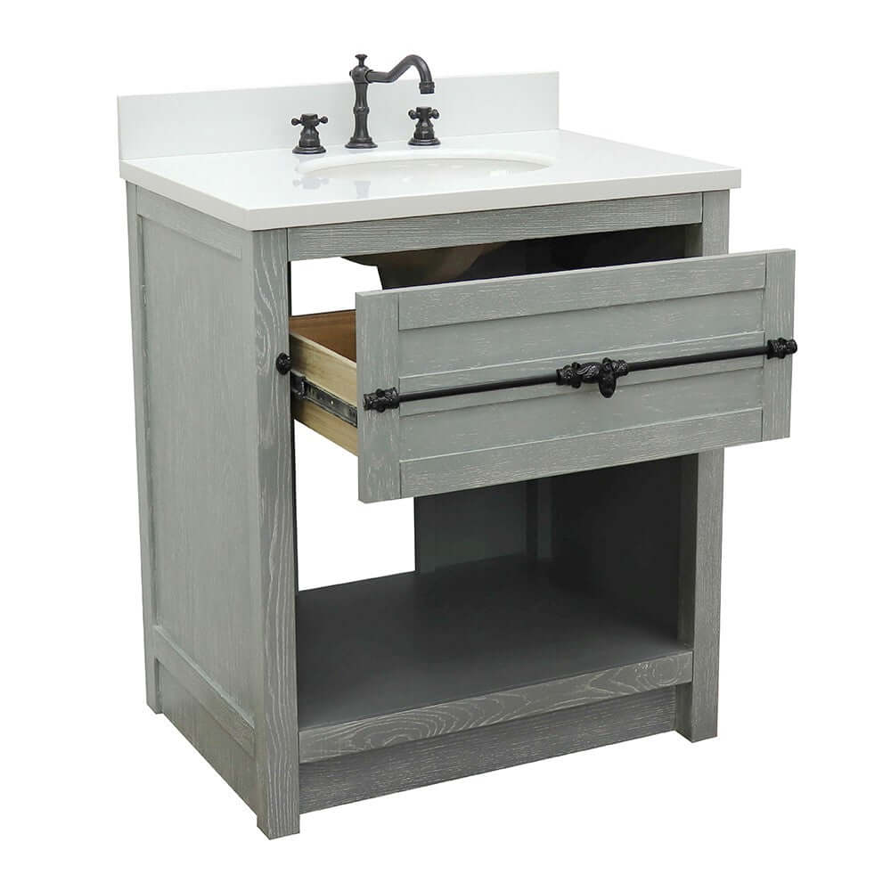 31" Single vanity in Gray Ash finish with White Quartz top and oval sink - 400101-GYA-WEO