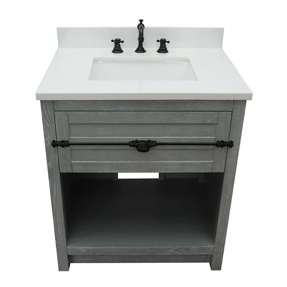 31" Single vanity in Gray Ash finish with White Quartz top and rectangle sink - 400101-GYA-WER