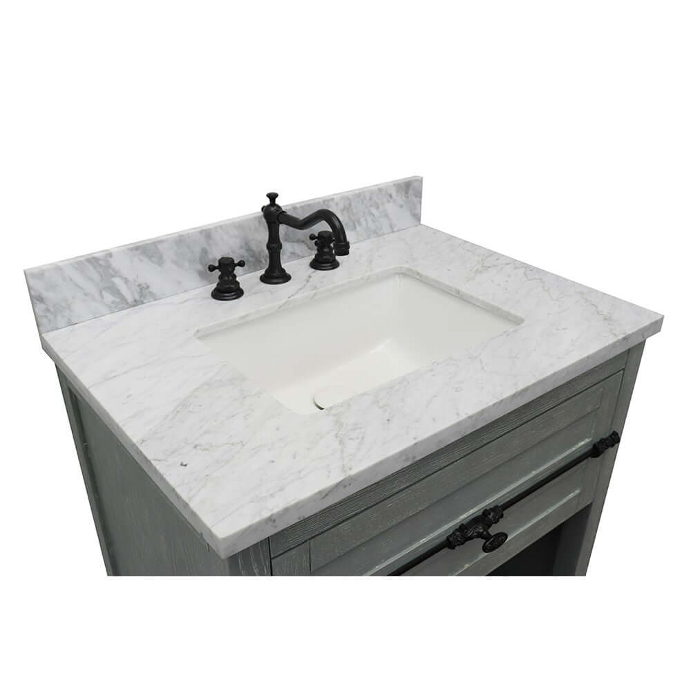 31" Single vanity in Gray Ash finish with White Carrara top and rectangle sink - 400101-GYA-WMR