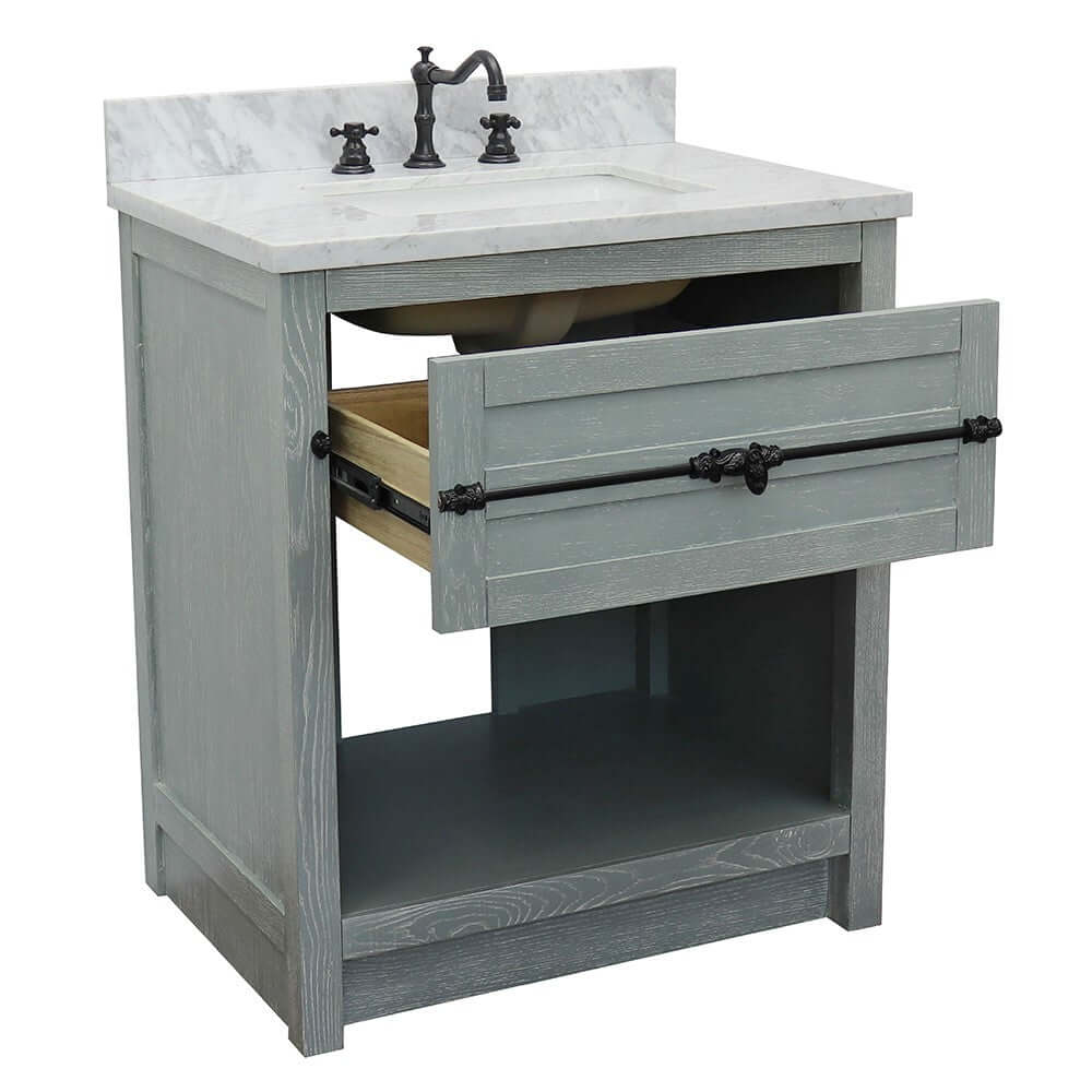 31" Single vanity in Gray Ash finish with White Carrara top and rectangle sink - 400101-GYA-WMR