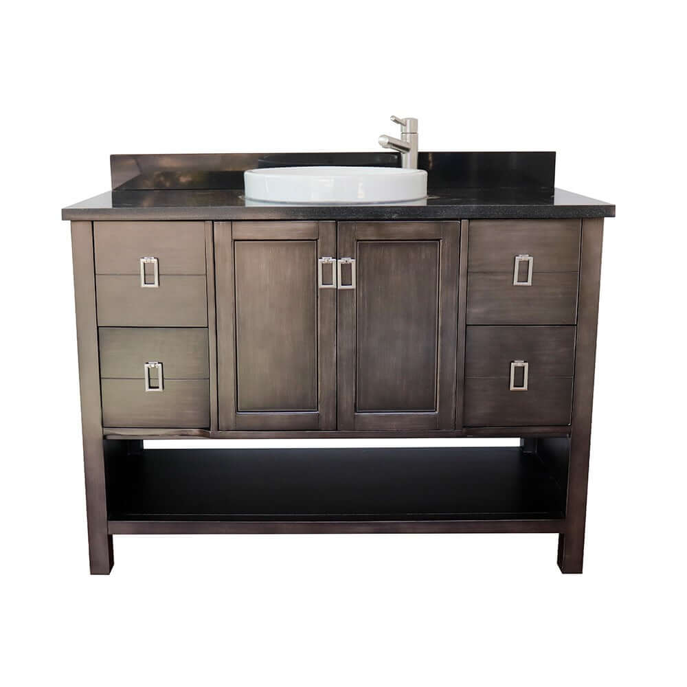 49" Single vanity in Silvery Brown finish with Black Galaxy top and round sink - 400300-SB-BGRD