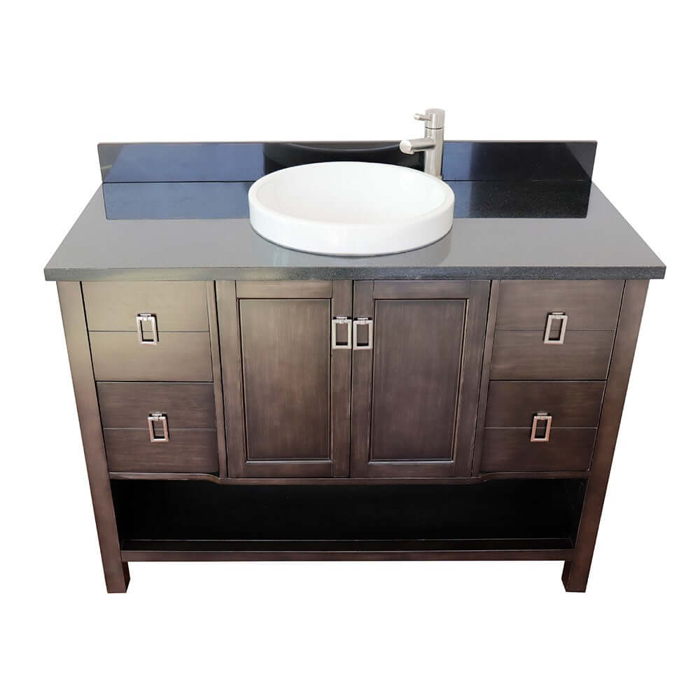 49" Single vanity in Silvery Brown finish with Black Galaxy top and round sink - 400300-SB-BGRD