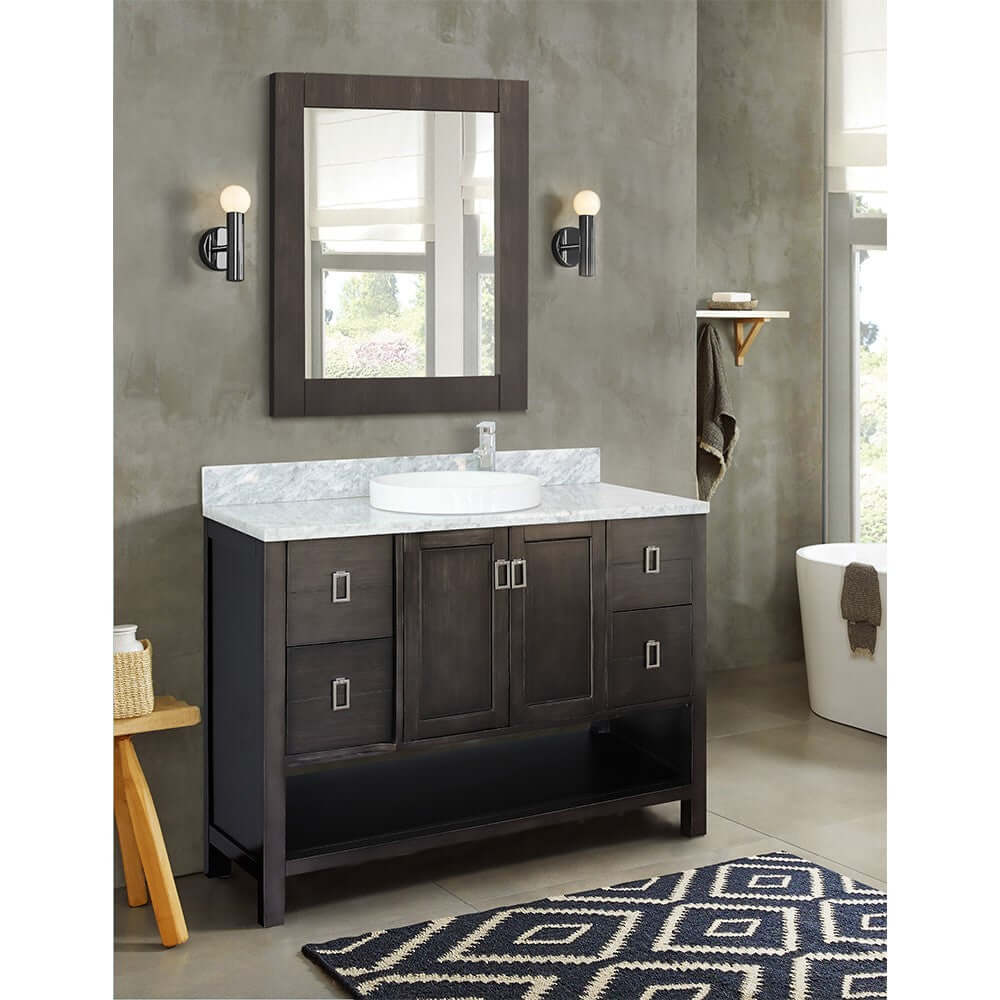 49" Single vanity in Silvery Brown finish with White Carrara top and round sink - 400300-SB-WMRD