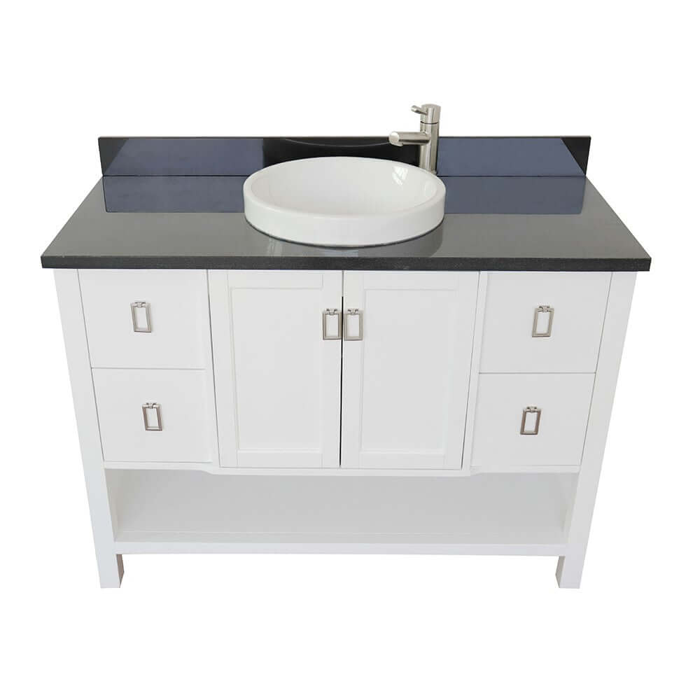 49" Single vanity in White finish with Black Galaxy top and round sink - 400300-WH-BGRD