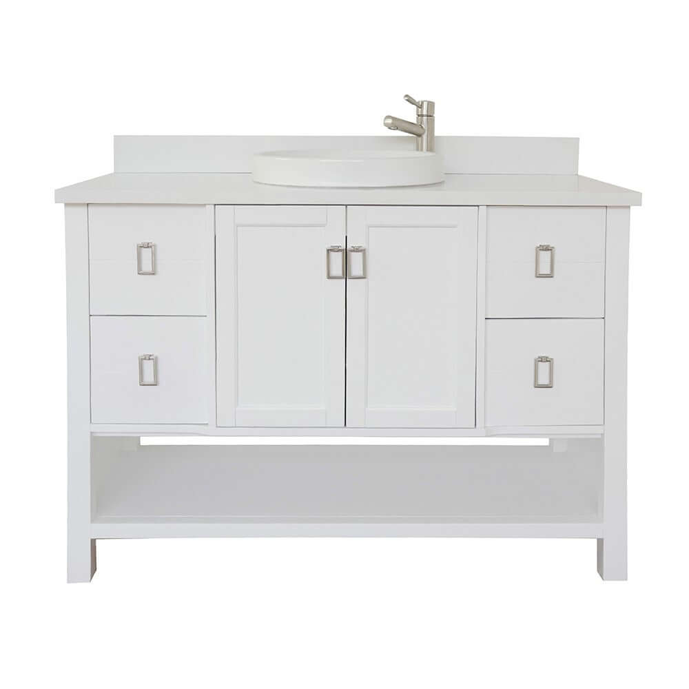 49" Single vanity in White finish with White Quartz top and round sink - 400300-WH-WERD