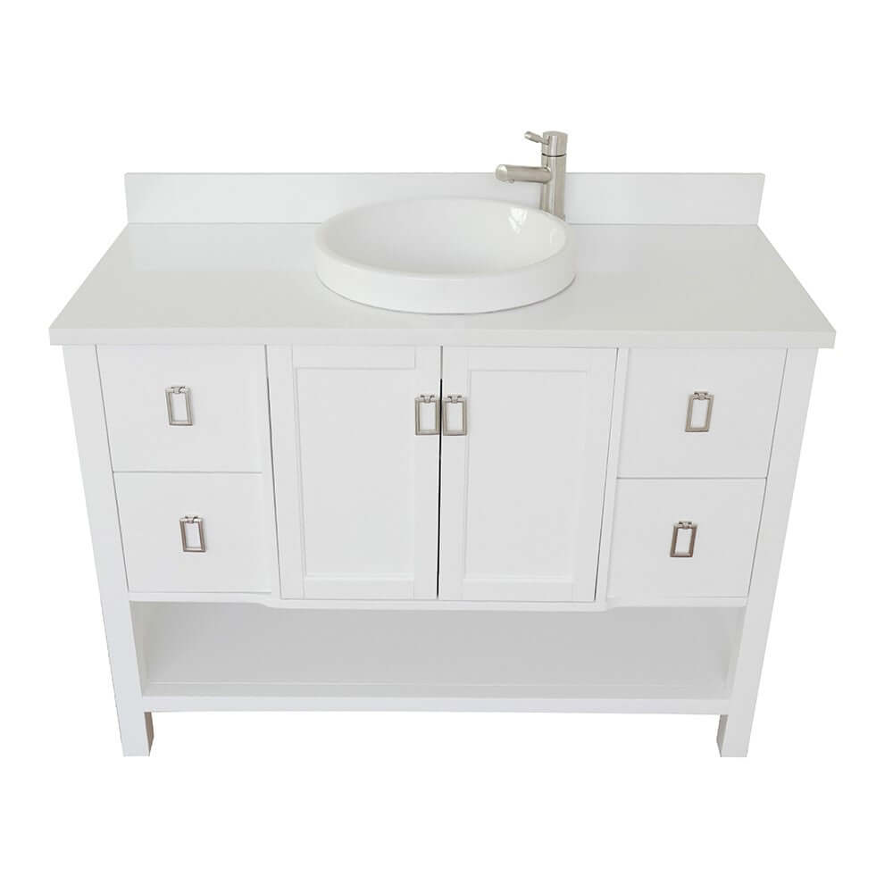 49" Single vanity in White finish with White Quartz top and round sink - 400300-WH-WERD