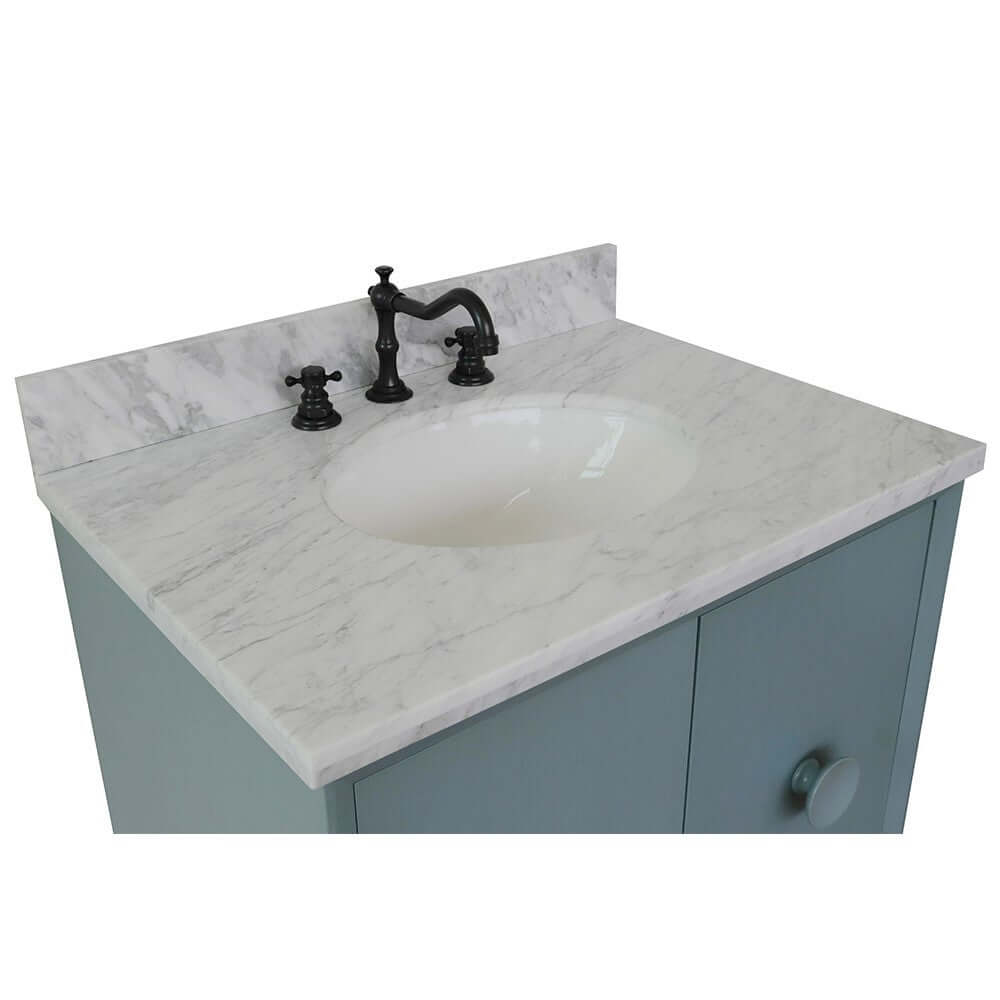 31" Single vanity in Aqua Blue finish with White Carrara top and oval sink - 400400-AB-WMO