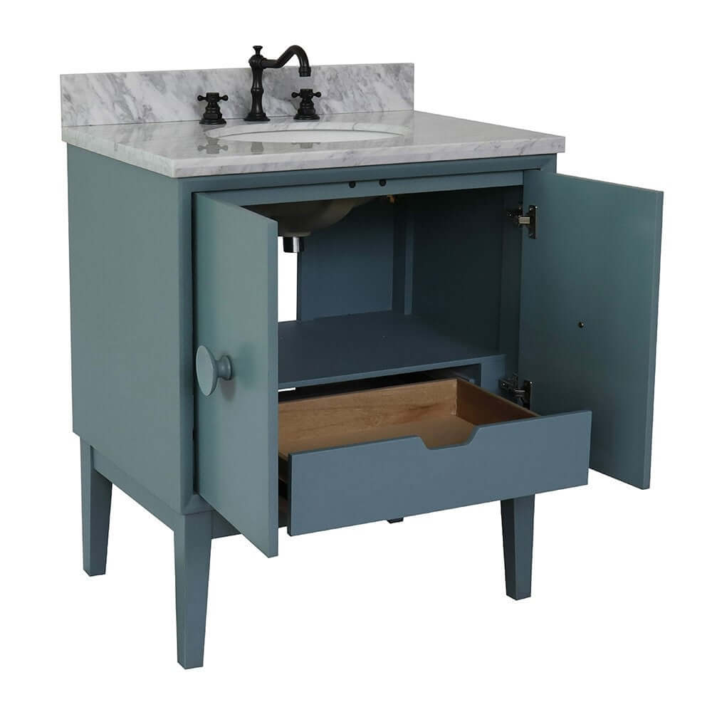 31" Single vanity in Aqua Blue finish with White Carrara top and oval sink - 400400-AB-WMO