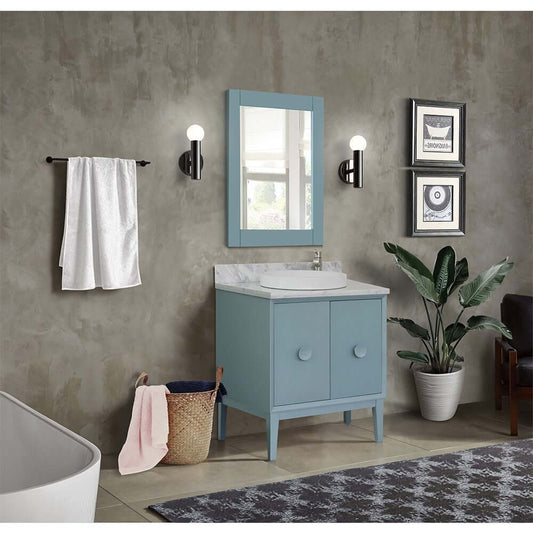 31" Single vanity in Aqua Blue finish with White Carrara top and round sink - 400400-AB-WMRD