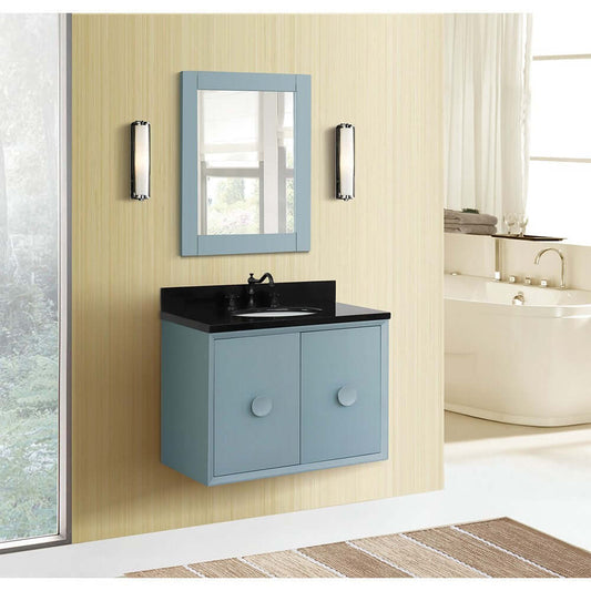 31" Single wall mount vanity in Aqua Blue finish with Black Galaxy top and oval sink - 400400-CAB-AB-BGO