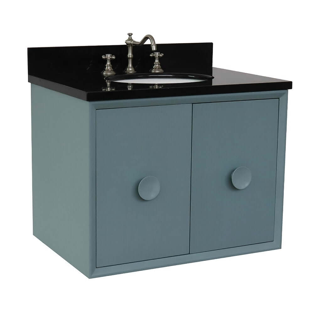 31" Single wall mount vanity in Aqua Blue finish with Black Galaxy top and oval sink - 400400-CAB-AB-BGO