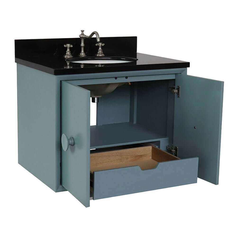 31" Single wall mount vanity in Aqua Blue finish with Black Galaxy top and oval sink - 400400-CAB-AB-BGO