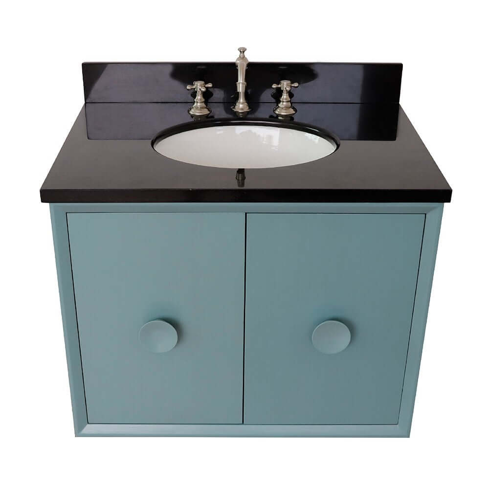 31" Single wall mount vanity in Aqua Blue finish with Black Galaxy top and oval sink - 400400-CAB-AB-BGO