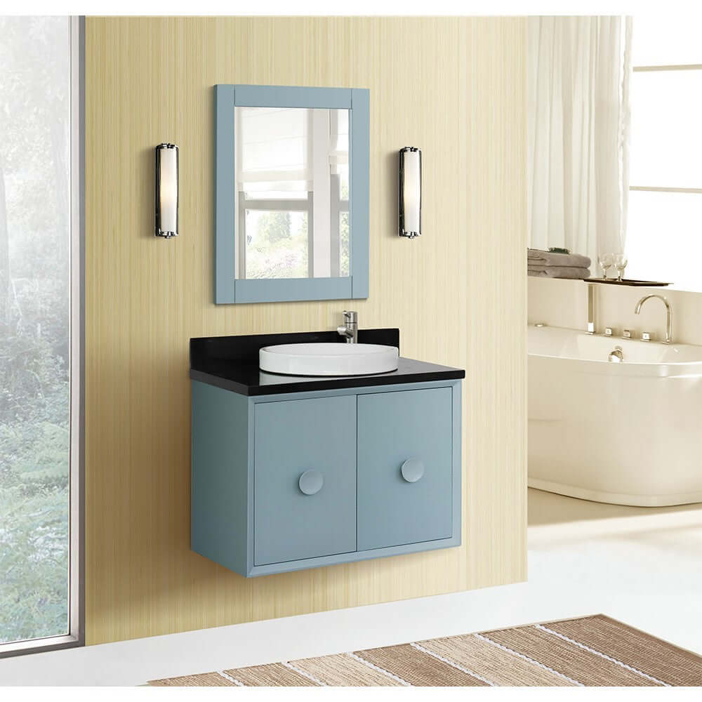 31" Single wall mount vanity in Aqua Blue finish with Black Galaxy top and round sink - 400400-CAB-AB-BGRD