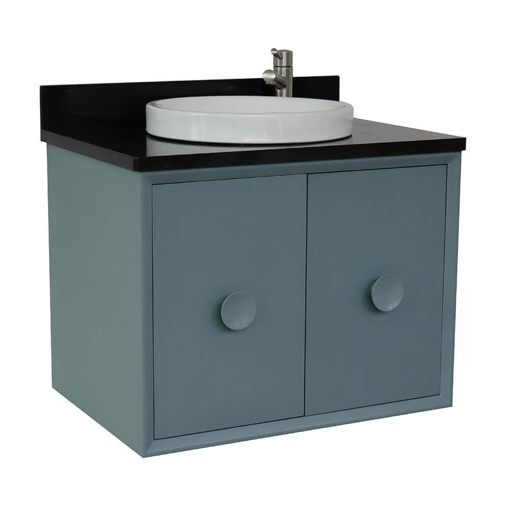 31" Single wall mount vanity in Aqua Blue finish with Black Galaxy top and round sink - 400400-CAB-AB-BGRD