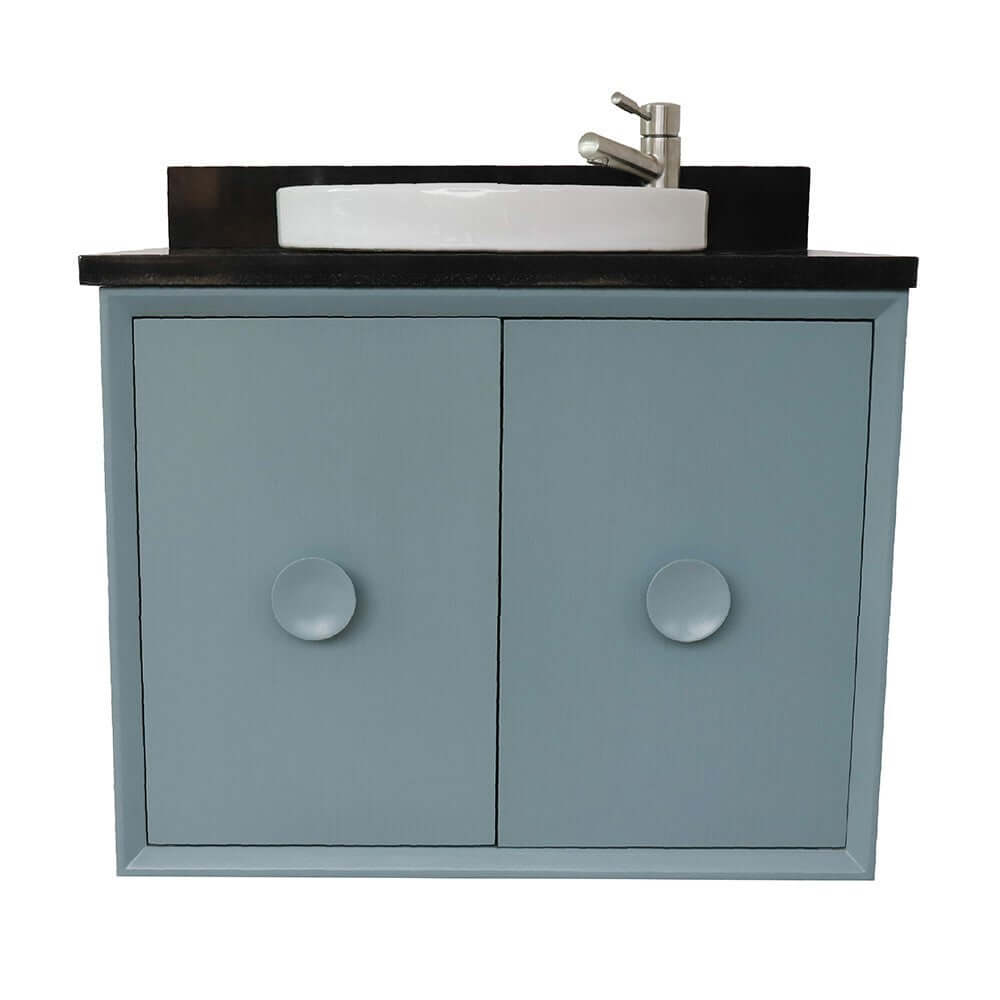 31" Single wall mount vanity in Aqua Blue finish with Black Galaxy top and round sink - 400400-CAB-AB-BGRD