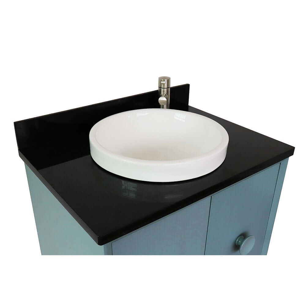 31" Single wall mount vanity in Aqua Blue finish with Black Galaxy top and round sink - 400400-CAB-AB-BGRD